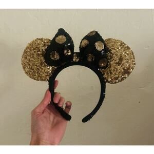 Disney' Parks Minnie Mouse Sequin Ear Headband Black and Gold‎ Polka Dot Bow